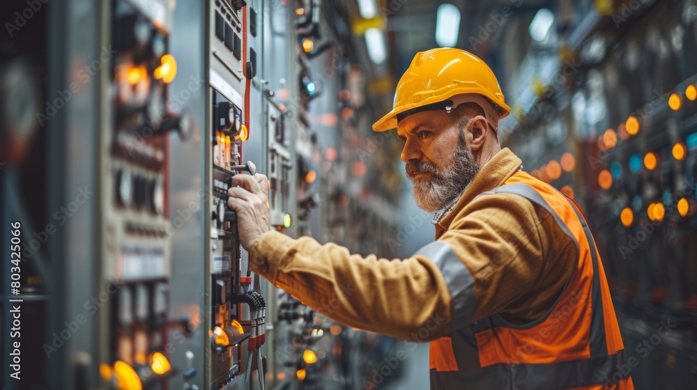 Engineer or factory worker working on control panel of power plant. Engineer or factory worker working on control panel of power plant.