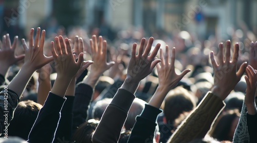Sunlit crowd with numerous hands raised high at an outdoor event  creating a sense of unity and participation.