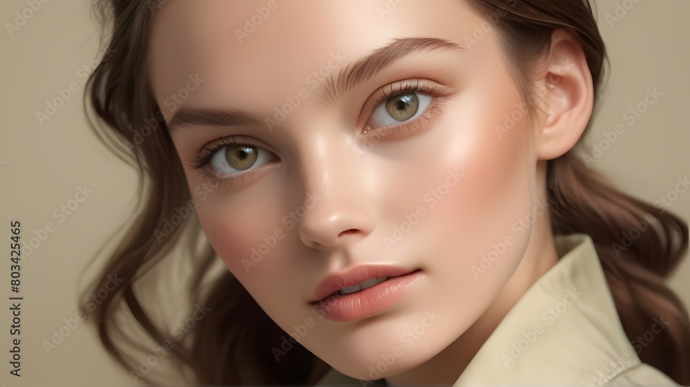 The soft, natural beauty of a model girl is captured in this no filter photo, her apple cream face glowing against a simple background of khaki fabric. The soft, natural beauty of a model girl is captured in this no filter photo, her apple cream face glowing against a simple background of khaki fabric.