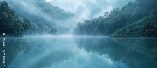 a mountain lake and forests shrouded in mist. Calm natural background. Generative ai