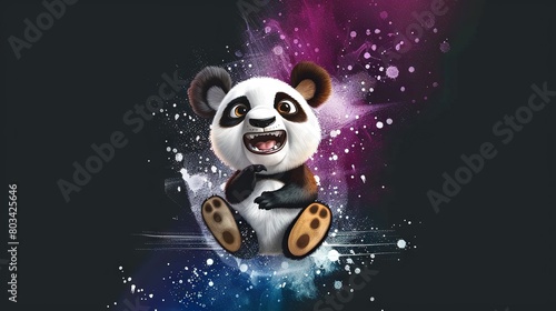   An image shows a cartoon panda bear perched atop a blue-purple backdrop with a paint splash on its visage