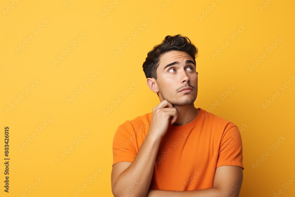 A man in the orange spotlight in a photo studio on an orange background looks sideways in close-up