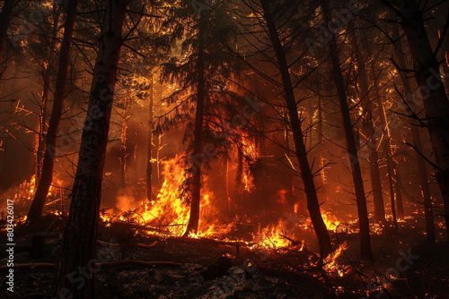 A blazing inferno illuminates the forest