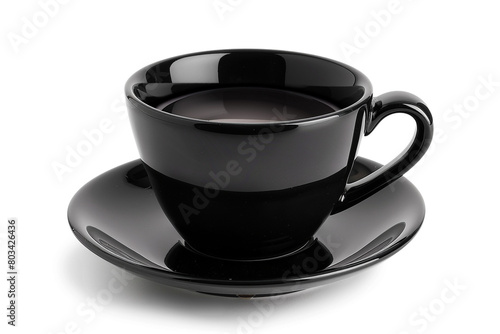 A black coffee cup on a plain white saucer.