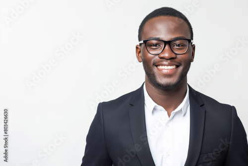 Portrait of a stylish. Confident young african descent businessman in a black suit and white shirt. Wearing glasses. Smiling cheerfully with a friendly and approachable demeanor