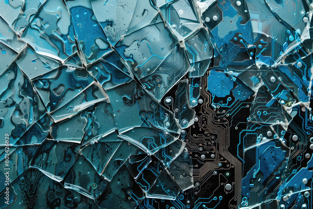 blue printed circuit board under shattered glass background technology broken barrier cyber crime concept texture