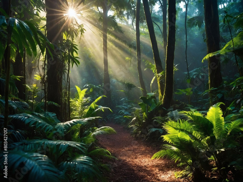 Discover the allure of a secluded rainforest  sunlight dances through the foliage  casting an enchanting spell over the vibrant greenery of an atmospheric fantasy forest.