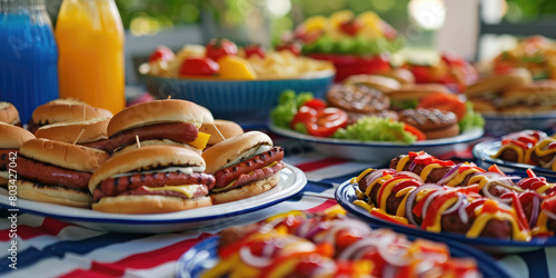 AI Generated Food set at an outside fourth of July celebration with patriotic tablecloth