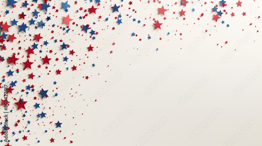 Scattered red, blue, and tiny stars on a white background, ideal for festive or patriotic themes.