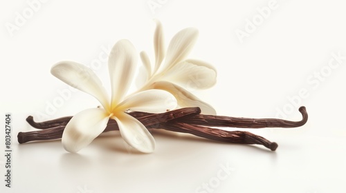 Elegant plumeria flower and vanilla pods on a bright white background.
