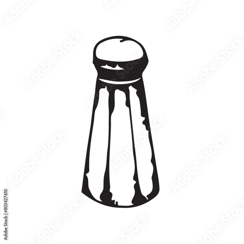 Container with ground pepper. Kitchen equipment rendered in vector. Pepper mill and seasoning for ready meals drawn with a black outline. Suitable for kitchen design, fabric, tableware.