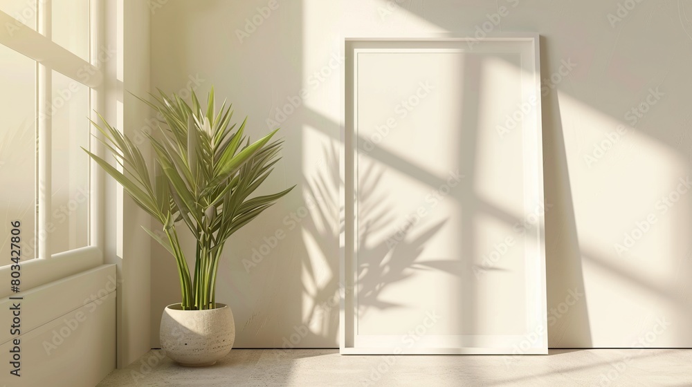 Empty framed canvas for mockups and plant in pot. Soft tone color. Empty framed canvas for mockups and plant in pot. Soft tone color.