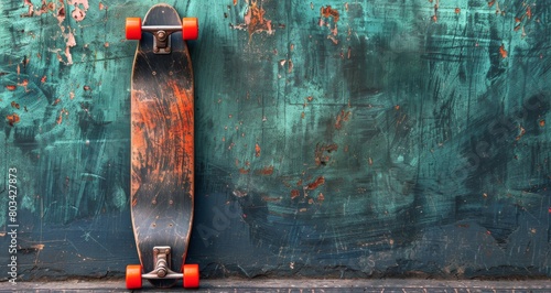 Skateboard Leaning Against Blue Wall photo