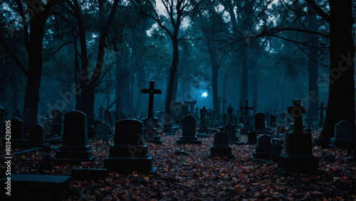 Eerie graveyard nestled within a sinister death forest, shrouded in darkness on Halloween night.