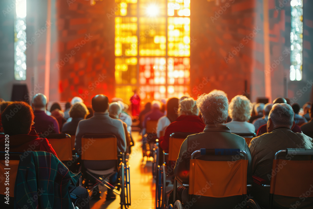 Large group of disabled people attend a church service