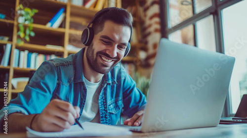 Cheerful young adult male wearing headphones and using a laptop while taking notes at a cozy home environment, demonstrating a productive and enjoyable remote learning experience