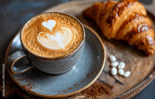 A Cup of Coffee and a Croissant on a Wooden Tray