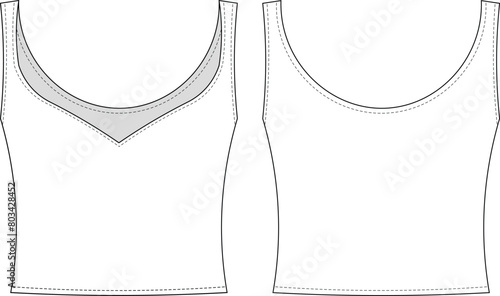 deep curved v neck sleeveless shoulder straps strapped crop cropped blouse top template technical drawing flat sketch cad mockup fashion woman design style model
