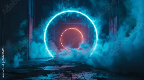 A mysterious neon-lit portal with blue and red lights amidst swirling fog in a dark  grungy setting.