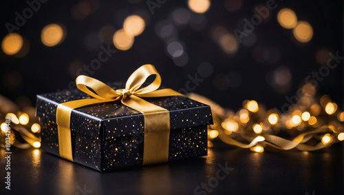 Elegant gift box adorned with a golden ribbon, set against a sparkling black background, capturing the essence of Black Friday glamour and luxury.