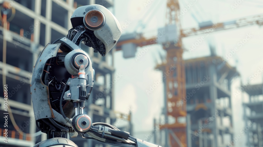 Futuristic robot with a highly detailed design at a construction site, showcasing advanced technology.