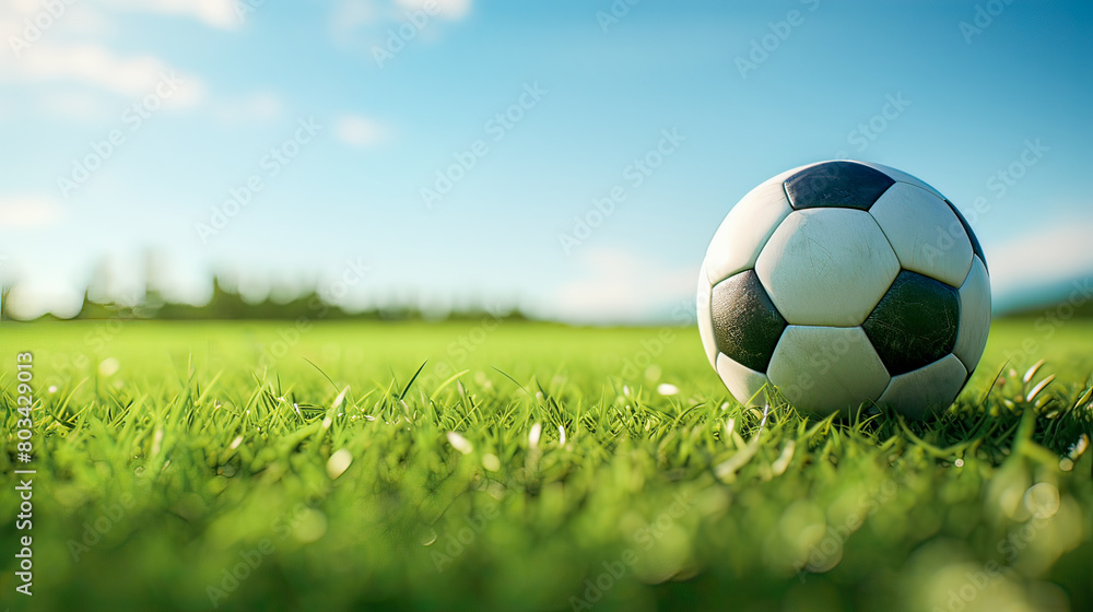 Fototapeta premium A fresh soccer ball gleams in the foreground, set upon a sprawling, lush green lawn.