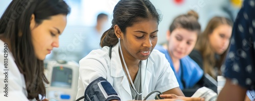 A few young studens trainig in the medic university. Medical students practicing