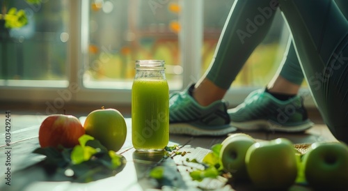 Person Sitting Next to Jar of Green Juice