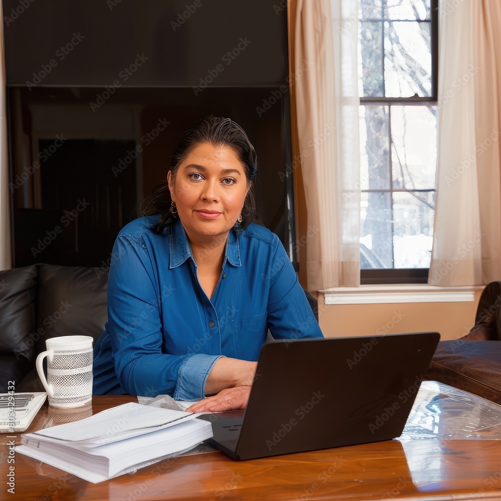 AI generated image of a woman sitting at a table with a laptop and a notebook AI generated image of a woman sitting at a table with a laptop and a notebook