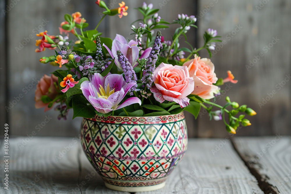 A beautiful, Easter-themed planter blooms with colorful, fresh flowers, its intricate, ceramic patterns and subtle, glossy texture creating a sense of beauty. A beautiful, Easter-themed planter blooms with colorful, fresh flowers, its intricate, ceramic patterns and subtle, glossy texture creating a sense of beauty.