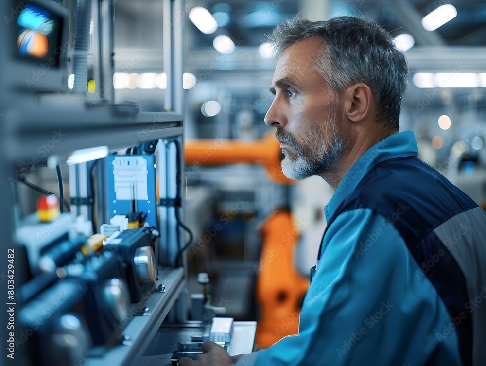 Illustration of a thoughtful middle-aged engineer monitors and analyzes conditions in a modern electronics factory with an automated robot working with the help of artificial intelligence software.