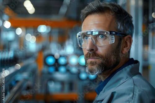 Illustration of a thoughtful middle-aged engineer monitors and analyzes conditions in a modern electronics factory with an automated robot working with the help of artificial intelligence software.