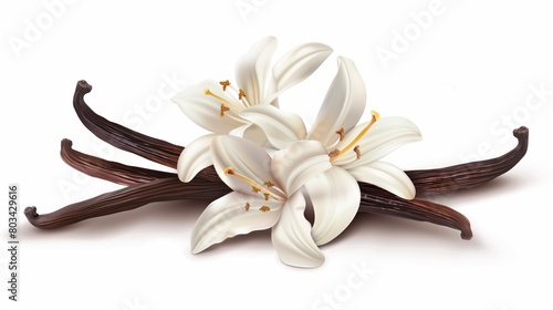 A highly detailed image showcasing white lilies and rich dark brown vanilla pods on a white background.