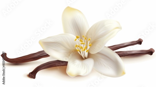Illustration of a delicate vanilla flower and pods isolated on a white background.