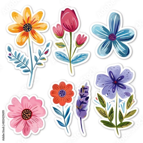 Watercolor flower stickers set for greeting card decoration on a white background.
