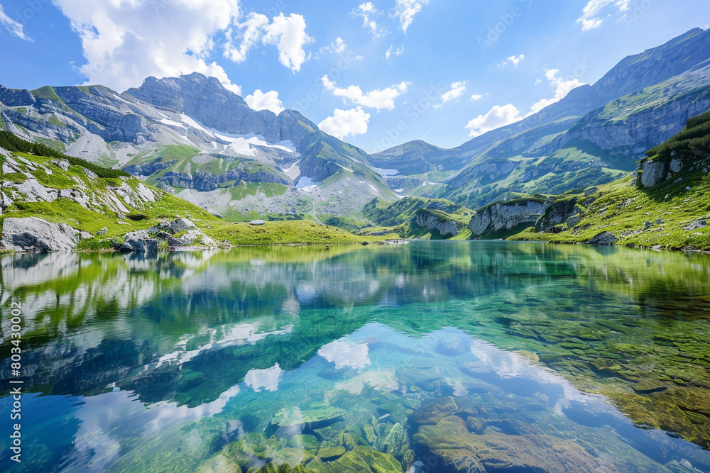 A panoramic view of a pristine alpine lake, its crystal-clear waters reflecting the surrounding mountains and the blue sky above.