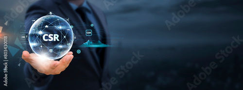 Fotografie CSR: Businessman Holds Global Business Globe with Network Connected to Corporate Social Responsibility Initiatives, Sustainable Practices, Ethical Governance
