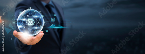 Konstfotografi Digital Payments: Businessman holds global business globe with network connected to Digital Payments Infrastructure, Financial Institutions, E-commerce Platforms, Enhancing Transaction Efficiency