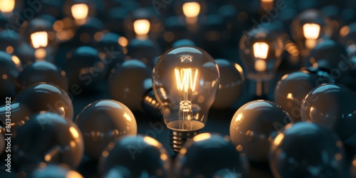 A background of glowing light bulbs, symbolizing ideas and inspiration The bulb in the center is shining brightly while others nearby are dimmed or off Generative AI