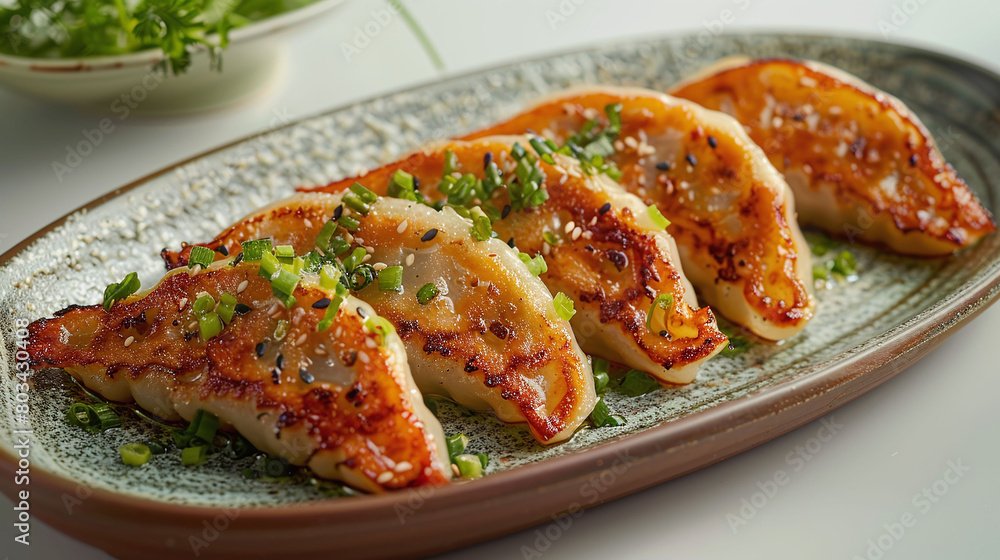 Grilled gyoza dumplings with crispy edges and green onion garnish on a ceramic plate. Close-up studio food photography. Asian cuisine and appetizer concept. Design for menu, poster. Grilled gyoza dumplings with crispy edges and green onion garnish on a ceramic plate. Close-up studio food photography. Asian cuisine and appetizer concept. Design for menu, poster.