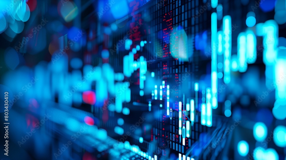Obraz premium Abstract image of a digital financial market chart with glowing blue and red lights on a dark background.
