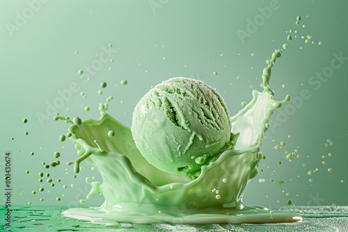 A perfectly levitating scoop of green ice cream, frozen in time along with a beautifully shaped splash. © Faisu