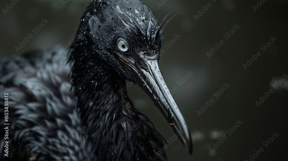Naklejka premium Detailed image of a raven with water droplets on its feathers, showcasing its wet texture and gaze