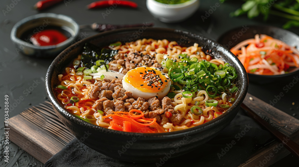 Spicy ramen with beef, soft-boiled egg, and fresh vegetables in a black bowl. Close-up studio food photography. Asian cuisine and healthy eating concept. Design for menu, poster. Spicy ramen with beef, soft-boiled egg, and fresh vegetables in a black bowl. Close-up studio food photography. Asian cuisine and healthy eating concept. Design for menu, poster.