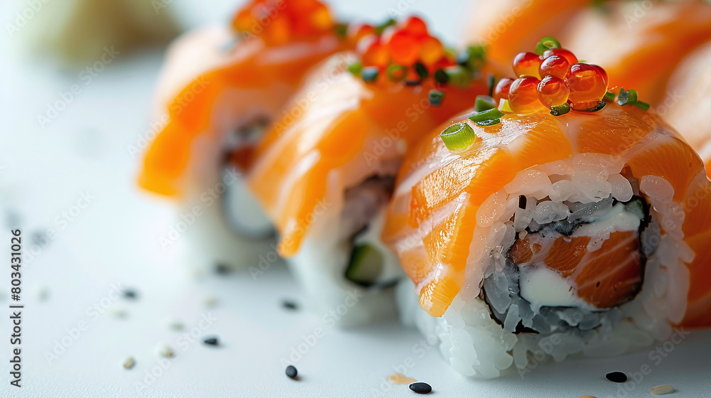 Close-up of salmon sushi rolls topped with fish roe and green onions, sprinkled with sesame seeds on a white background. Macro shot with focus on texture. Japanese cuisine and gourmet dining concept. Close-up of salmon sushi rolls topped with fish roe and green onions, sprinkled with sesame seeds on a white background. Macro shot with focus on texture. Japanese cuisine and gourmet dining concept.