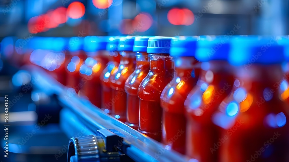 The Process of Bottling Ketchup in a Conventional Manufacturing Facility. Concept Food Production, Manufacturing Process, Packaging, Bottling, Conventional Facility