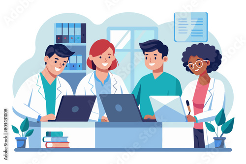 Doctor hospital team medical document health medicine healthcare meeting teamwork laptop computer technology clinic office modern flat design simple vector illustration isolated transparent background