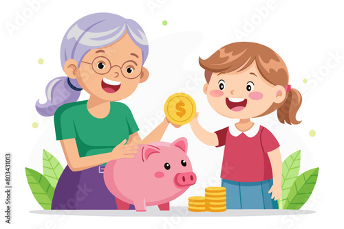 child money saving grandmother family coin senior finance bank piggybank happy investment granddaughter girl financial elderly cash modern flat design simple vector illustration isolated transparent