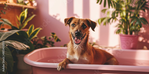 Funny cute dog in a bathtube photo