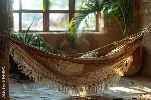 A hammock with fringes hanging from the ceiling indoors. Generative AI. photo